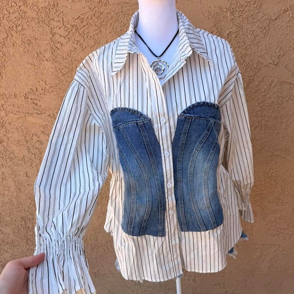 Y2K Madonna & Co. denim and pinstripe button up shirt